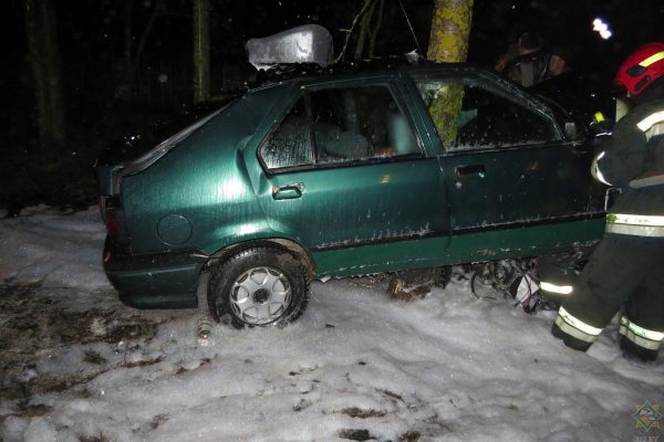 В Браславе легковушка налетела на дерево, водителя вытащили спасатели. Фото МЧС