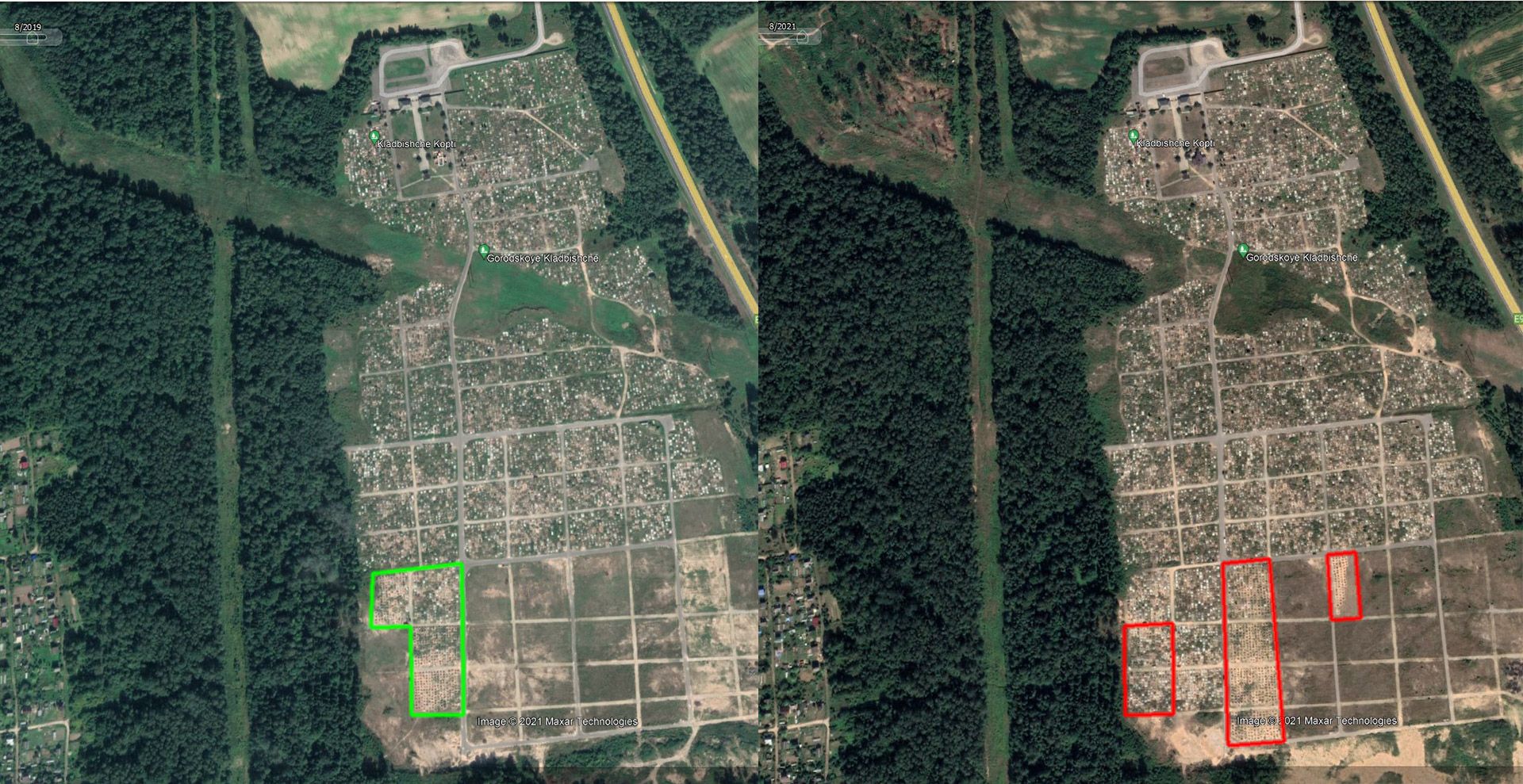 Спутниковые снимки городского кладбища Копти у Витебска за 2019 и 2021 годы